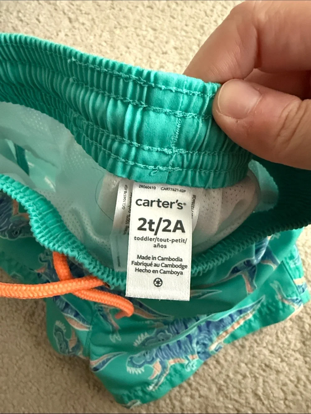 Carter's Teal Dinosaur Swim Shorts with Orange Drawstring